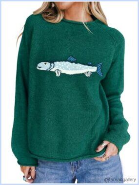 Oversized Roll Neck Knit Pullover Sweater Fish Graphic Polyester Blend